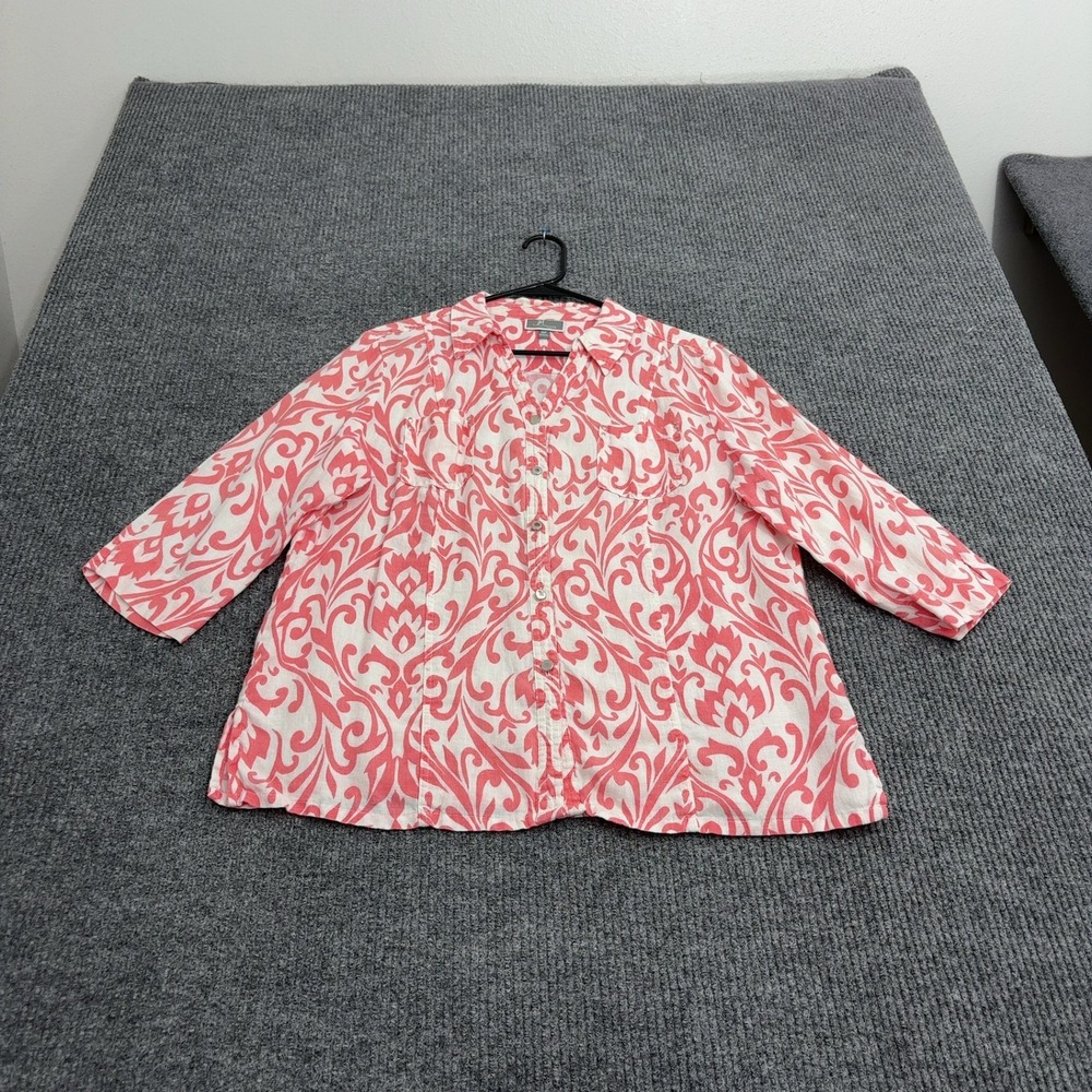 JM Collection Button Down Women 16P Pink Linen Damask 3/4 Sleeve Casual Summer